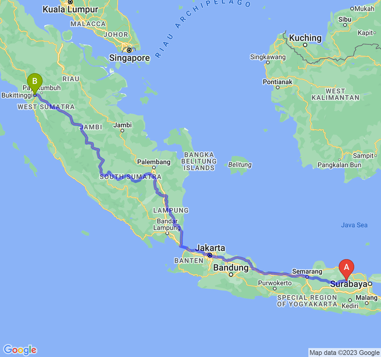 rute perjalanan Kab. Bojonegoro-Kota Bukittinggi