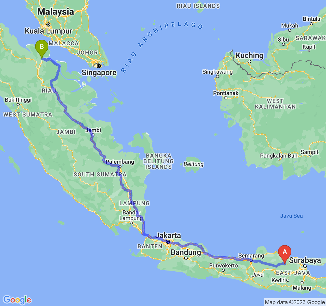 rute perjalanan Kab. Bojonegoro-Kota Dumai