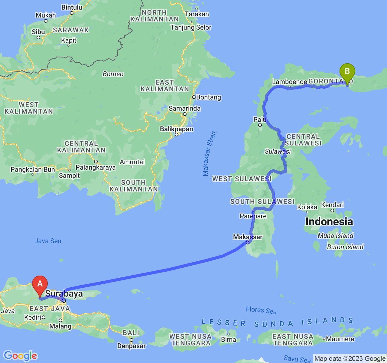 rute perjalanan Kab. Bojonegoro-Kota Gorontalo