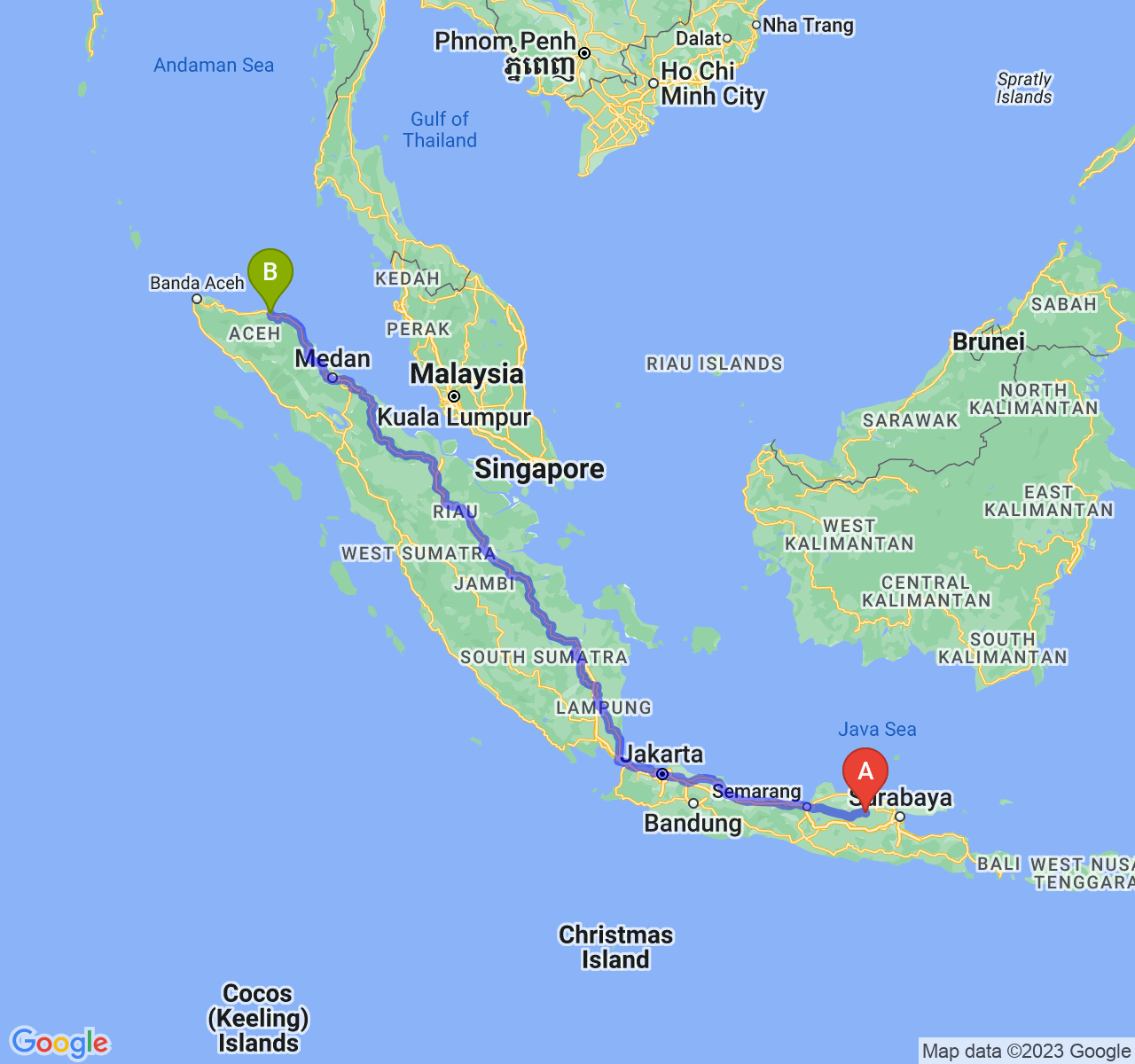 rute perjalanan Kab. Bojonegoro-Kota Lhokseumawe