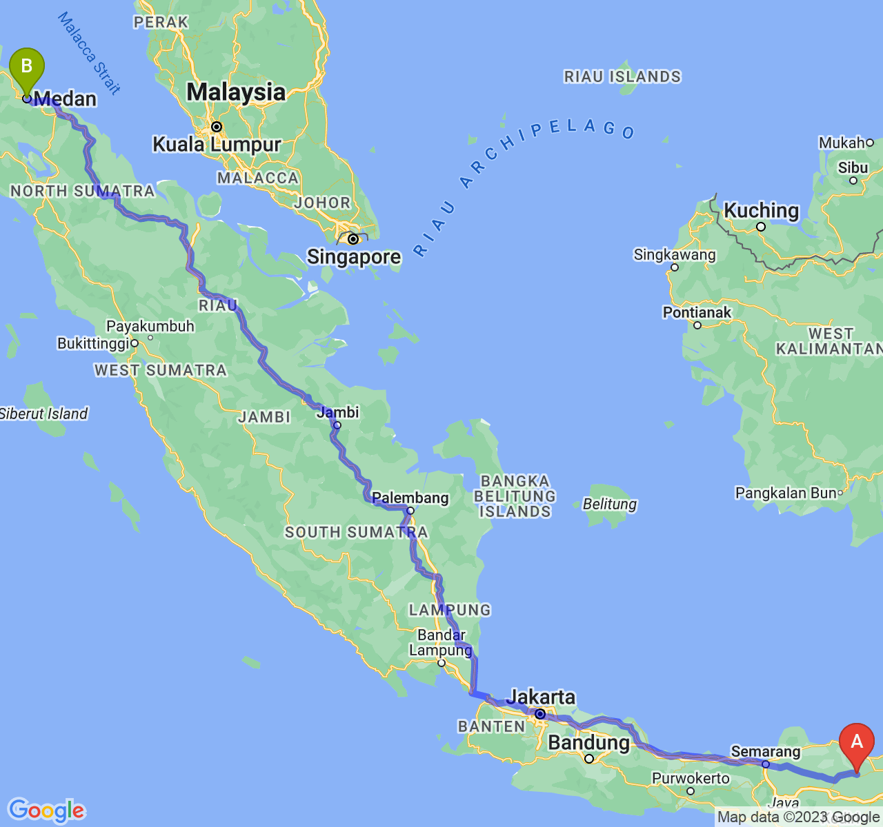 rute perjalanan Kab. Bojonegoro-Kota Medan