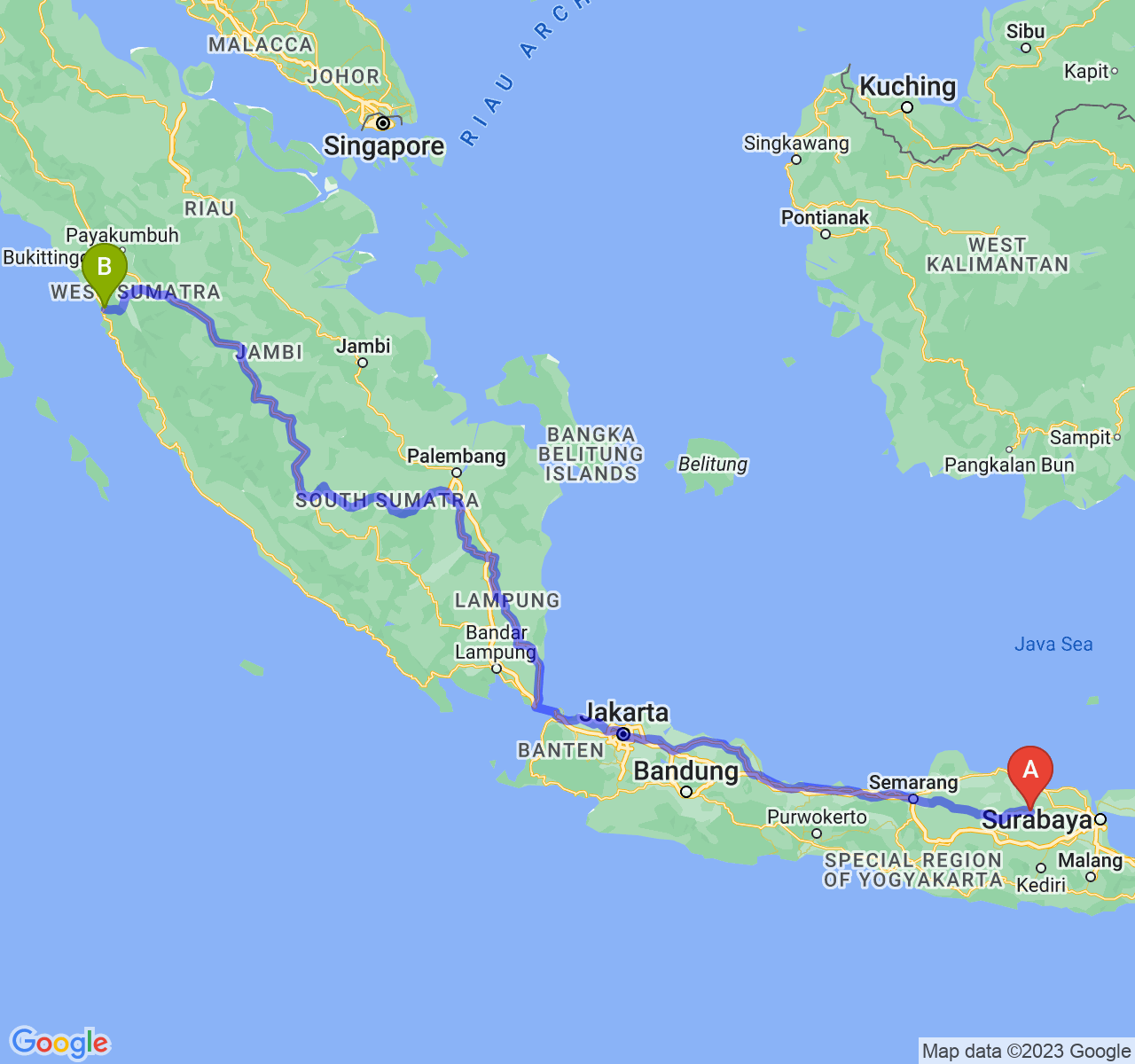 rute perjalanan Kab. Bojonegoro-Kota Padang