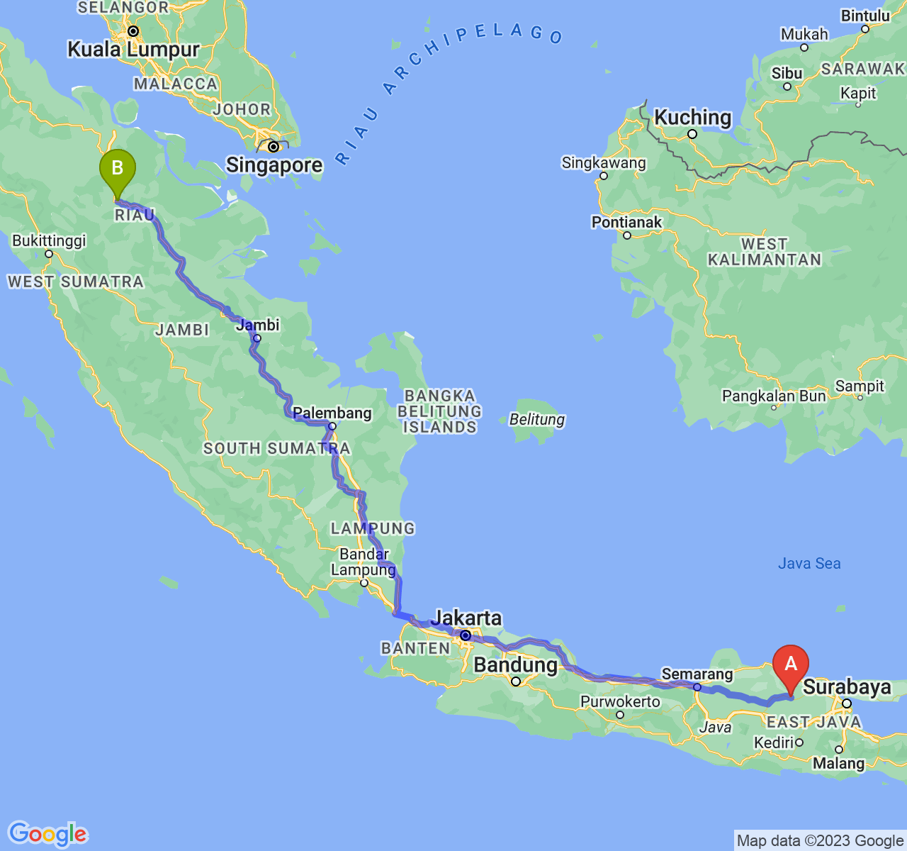 rute perjalanan Kab. Bojonegoro-Kota Pekanbaru