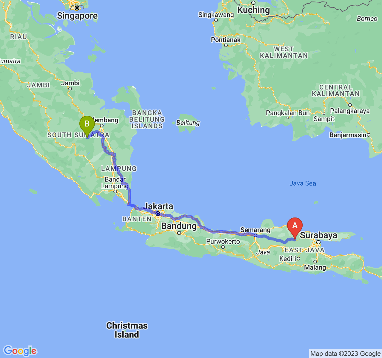 rute perjalanan Kab. Bojonegoro-Kota Prabumulih