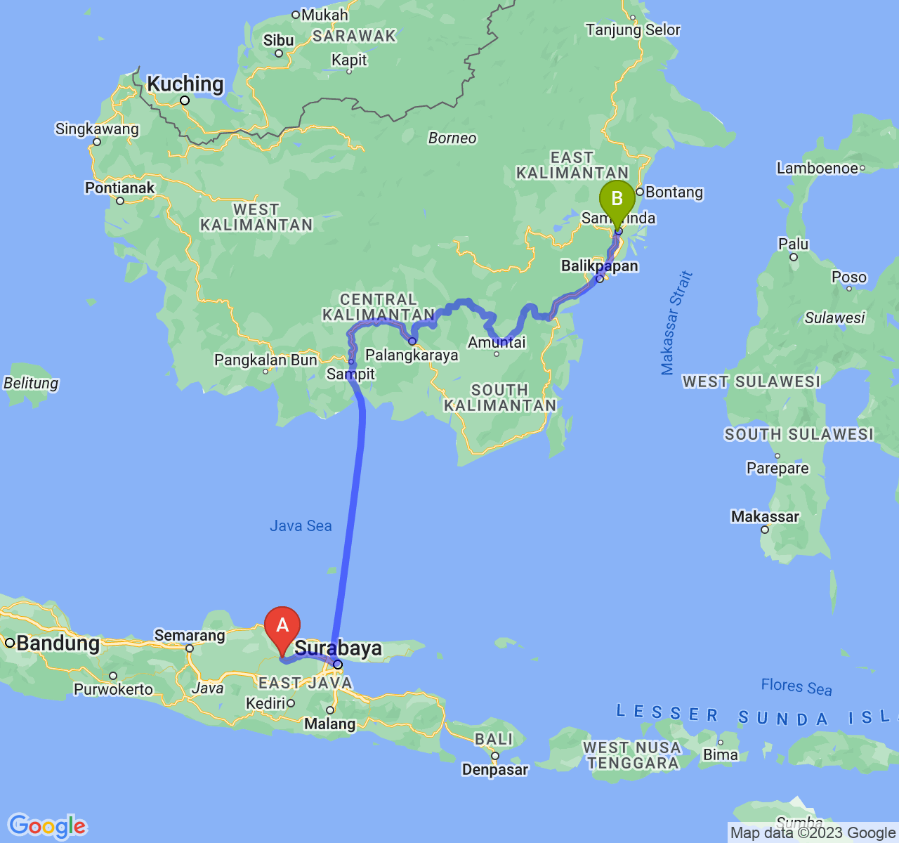 rute perjalanan Kab. Bojonegoro-Kota Samarinda