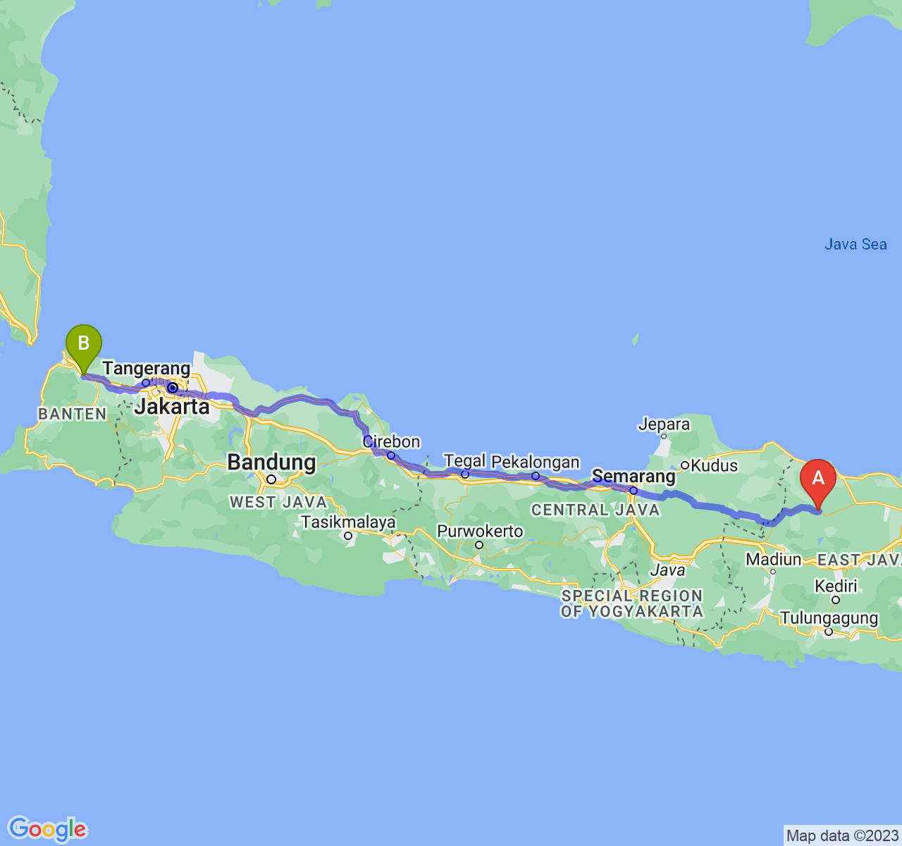 rute perjalanan Kab. Bojonegoro-Kota Serang