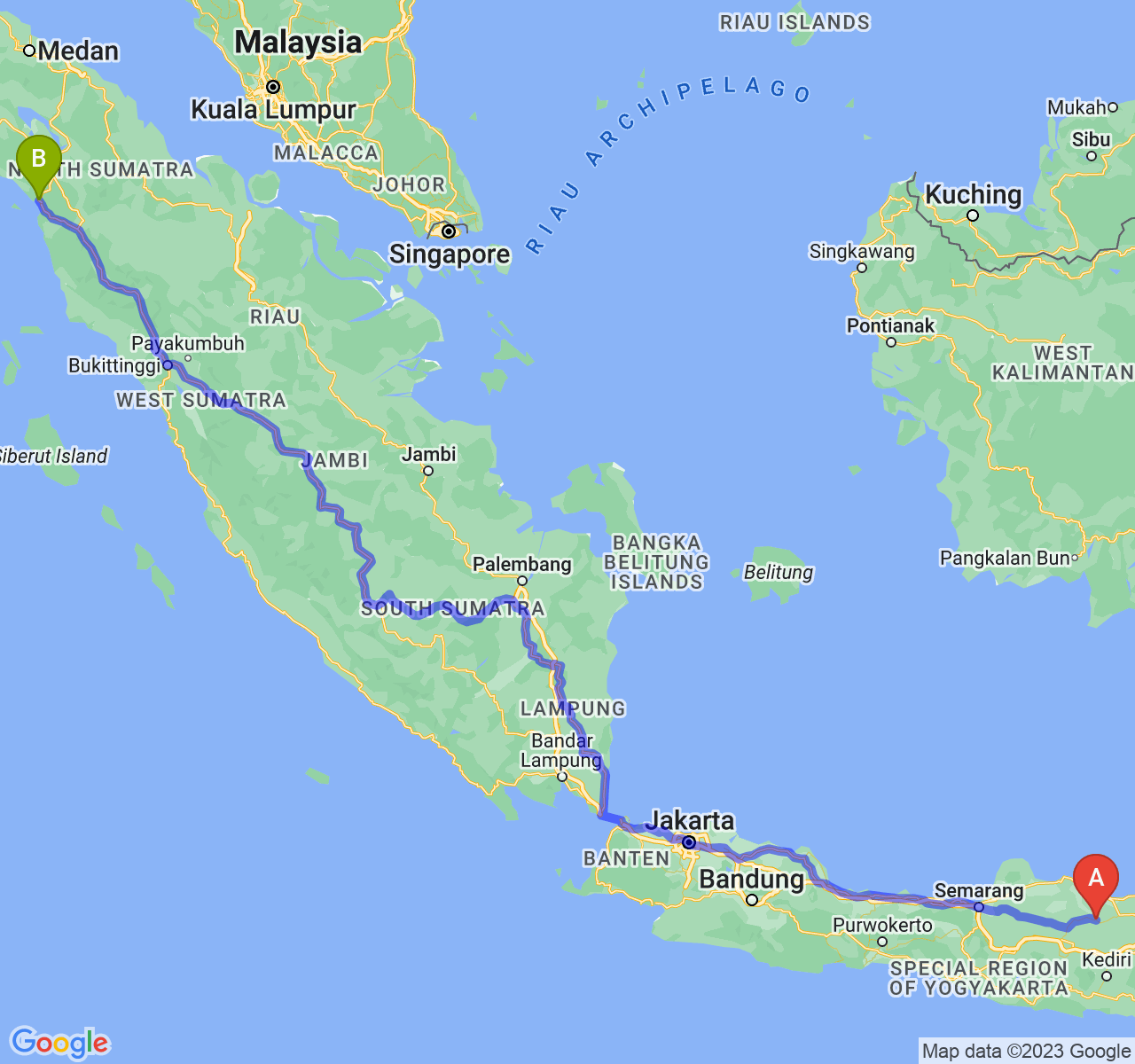 rute perjalanan Kab. Bojonegoro-Kota Sibolga