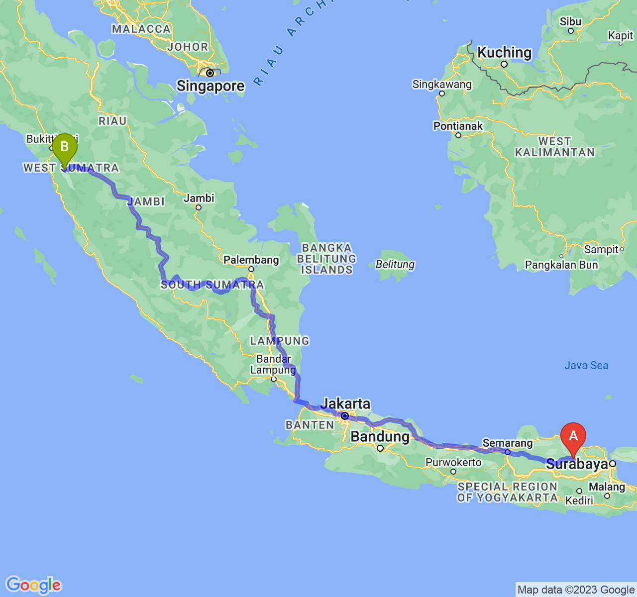 rute perjalanan Kab. Bojonegoro-Kota Solok