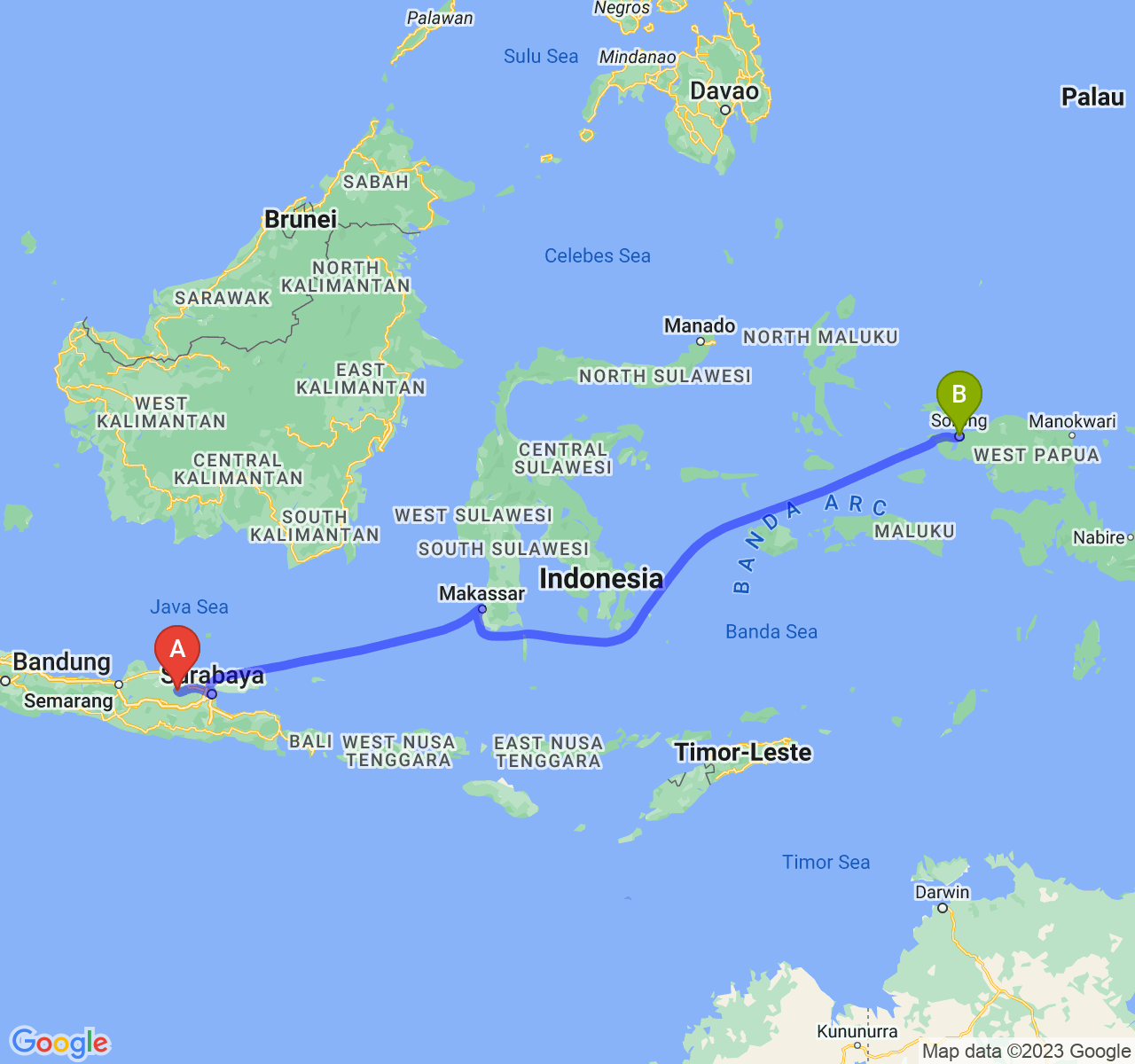 rute perjalanan Kab. Bojonegoro-Kota Sorong