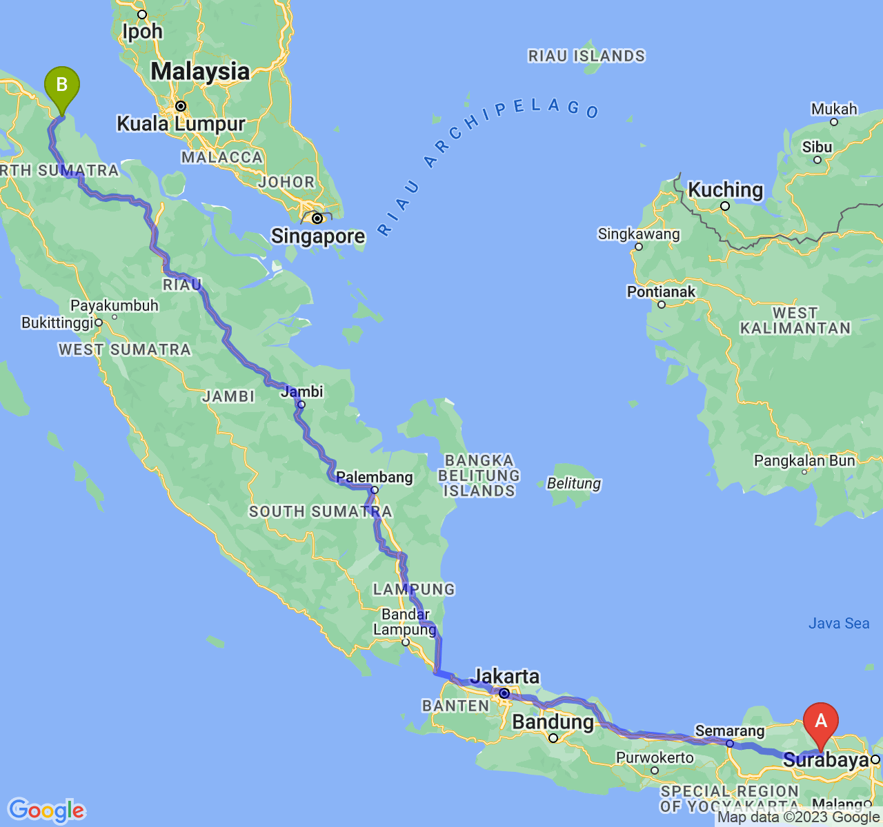 rute perjalanan Kab. Bojonegoro-Kota Tanjung Balai