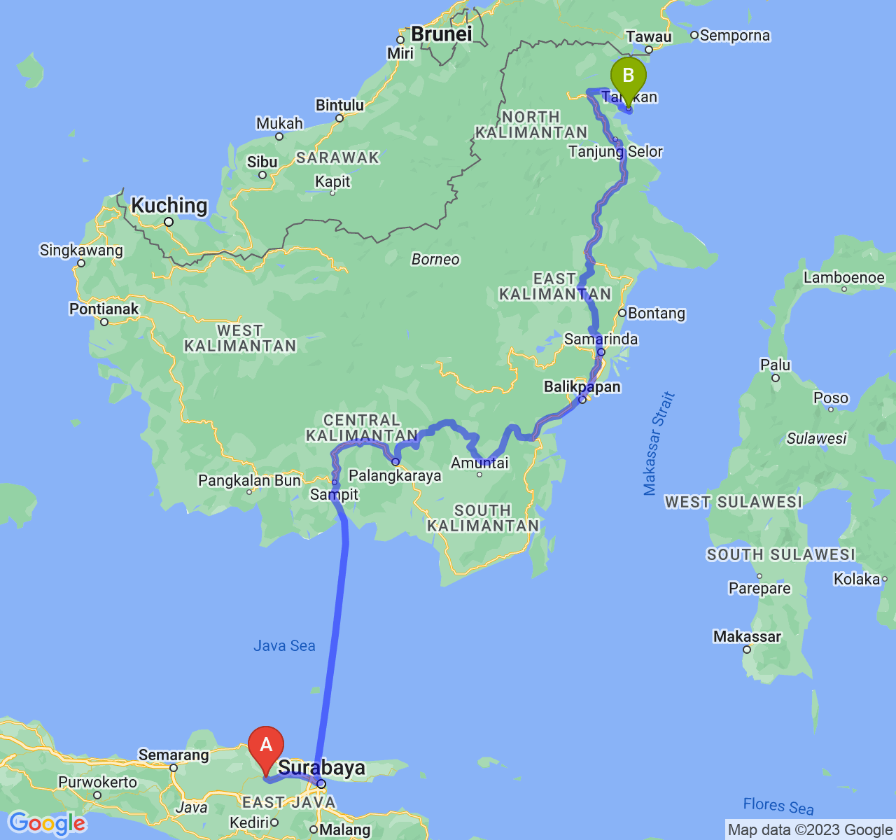 rute perjalanan Kab. Bojonegoro-Kota Tarakan