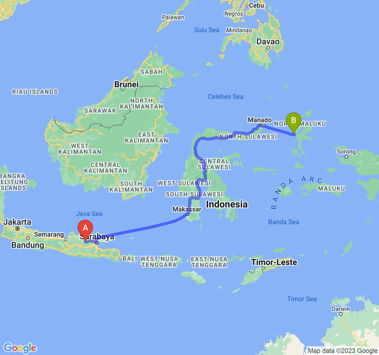 rute perjalanan Kab. Bojonegoro-Kota Ternate