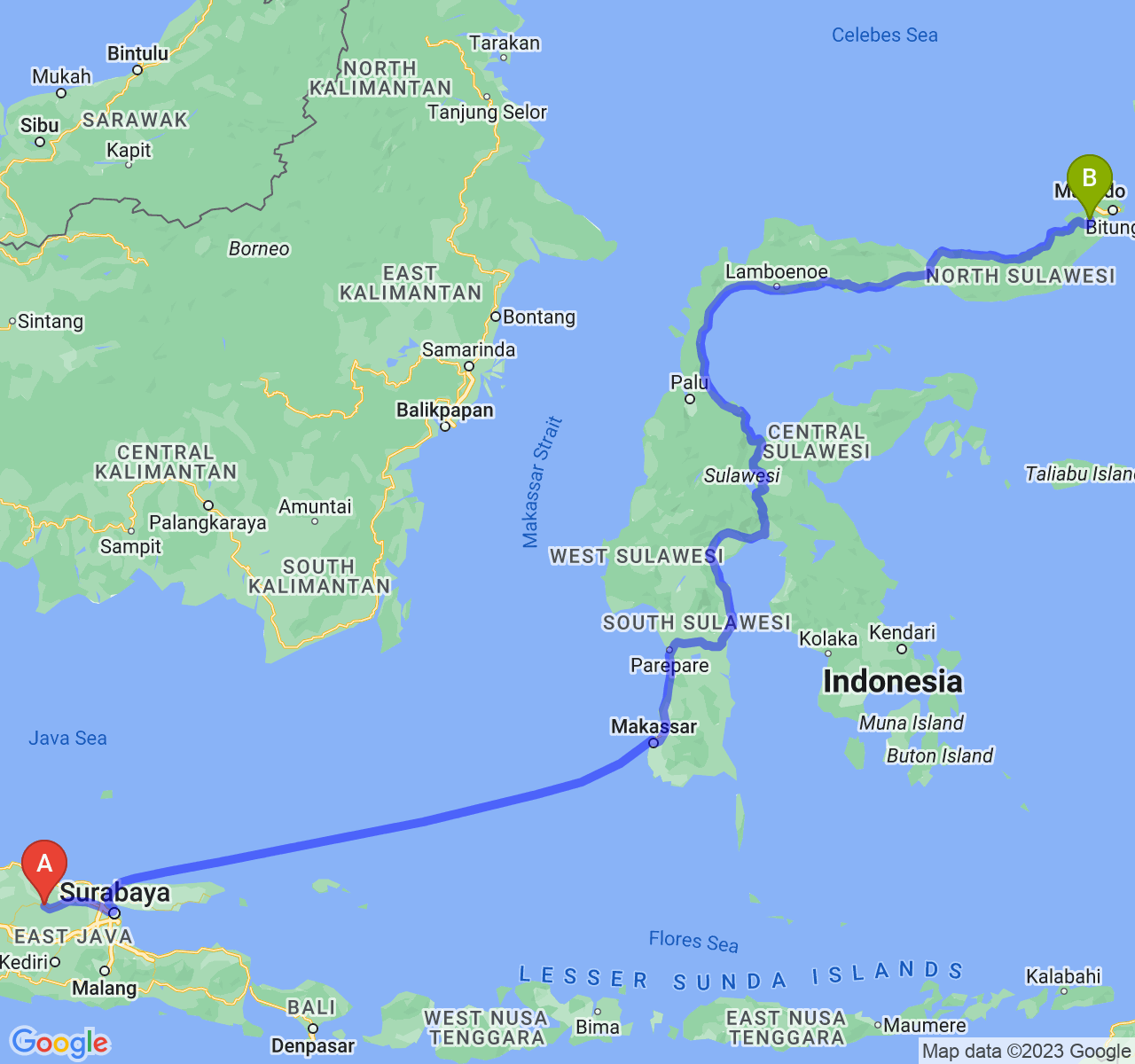 rute perjalanan Kab. Bojonegoro-Kota Tomohon