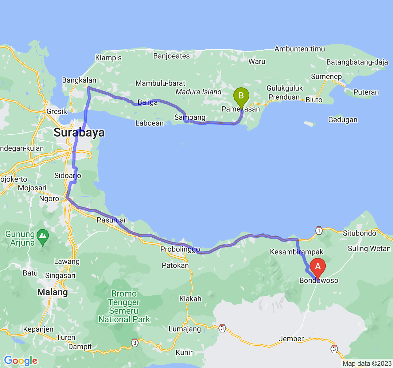 rute perjalanan Kab. Bondowoso-Kab. Pamekasan