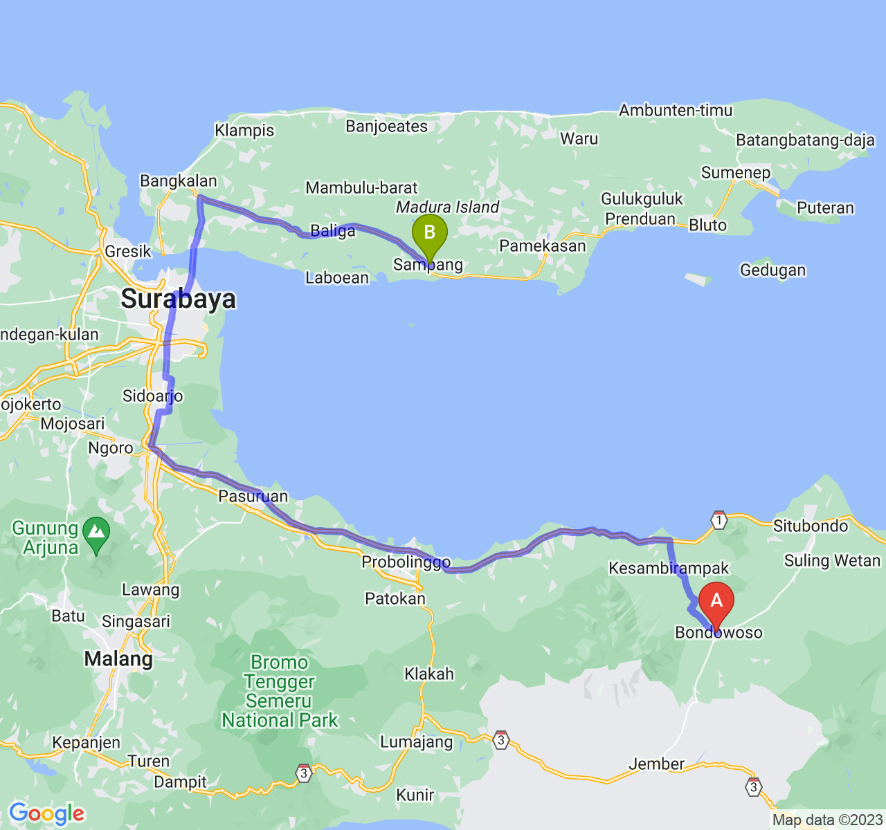 rute perjalanan Kab. Bondowoso-Kab. Sampang