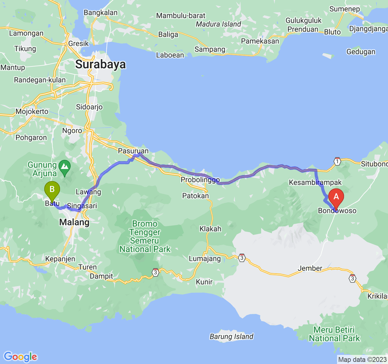 rute perjalanan Kab. Bondowoso-Kota Batu