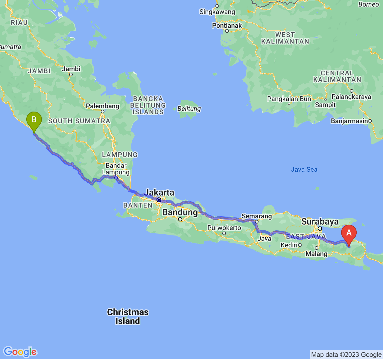 rute perjalanan Kab. Bondowoso-Kota Bengkulu