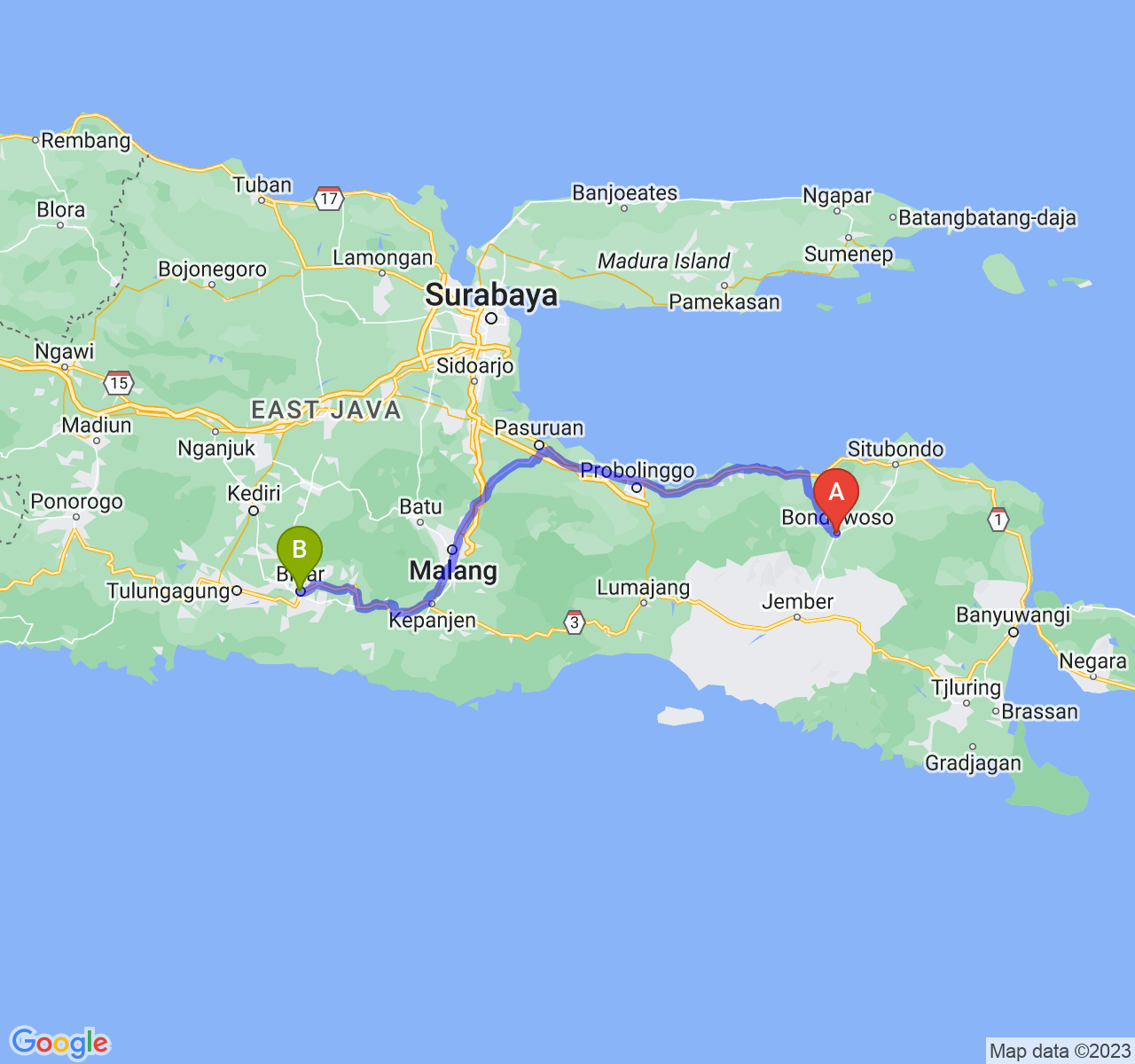 rute perjalanan Kab. Bondowoso-Kota Blitar