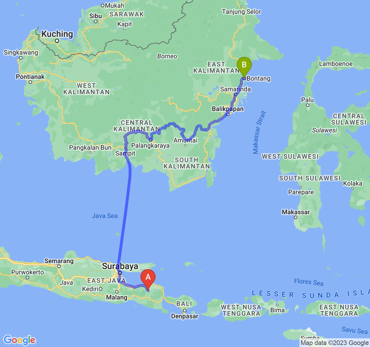 rute perjalanan Kab. Bondowoso-Kota Bontang