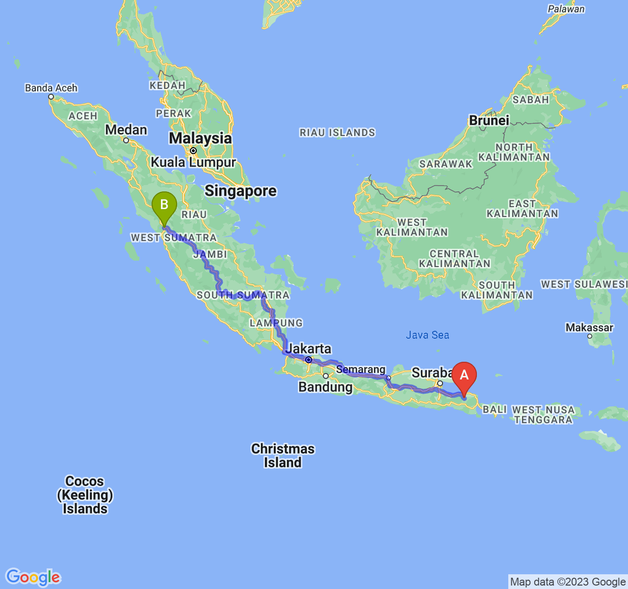 rute perjalanan Kab. Bondowoso-Kota Bukittinggi