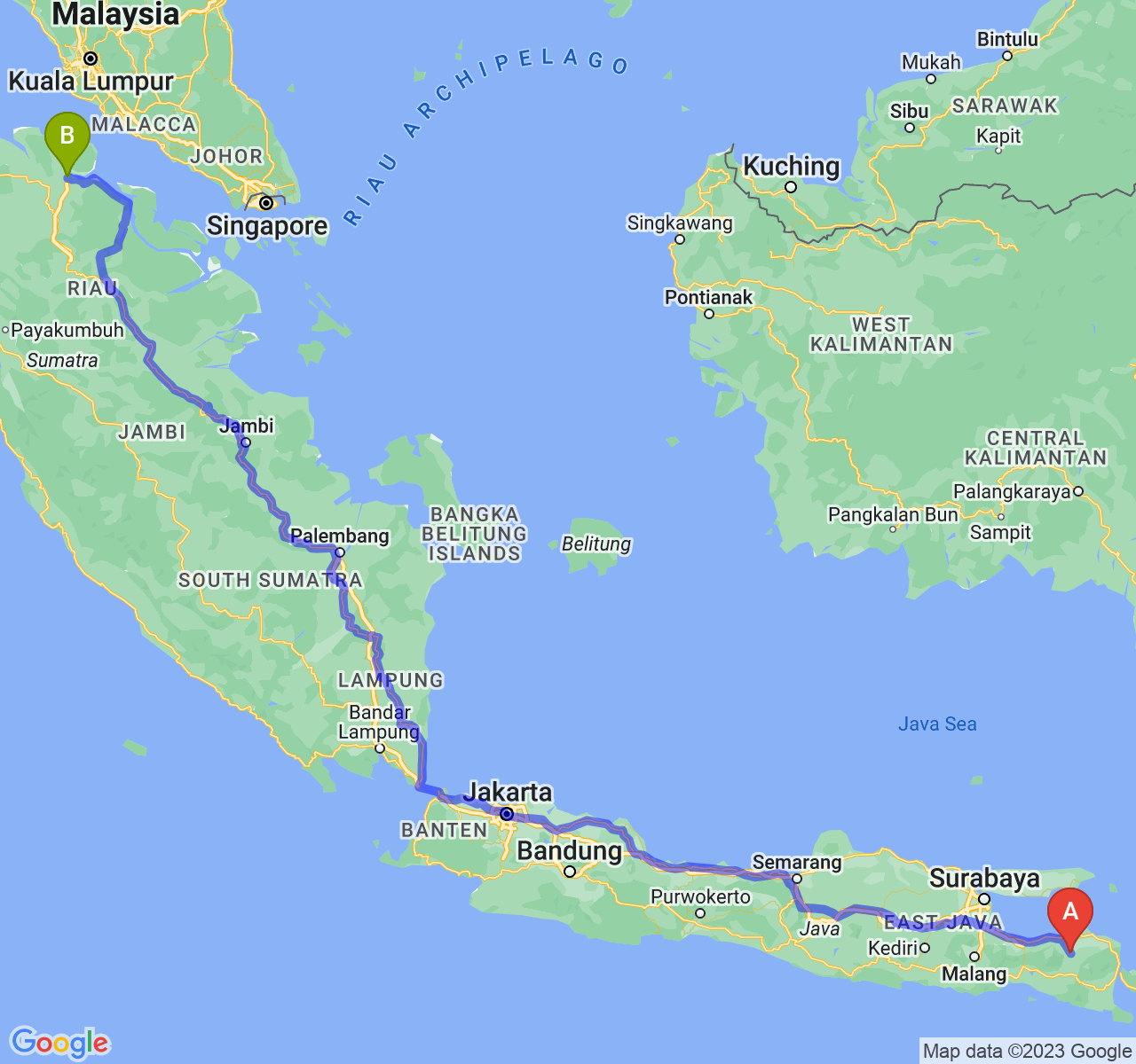 rute perjalanan Kab. Bondowoso-Kota Dumai