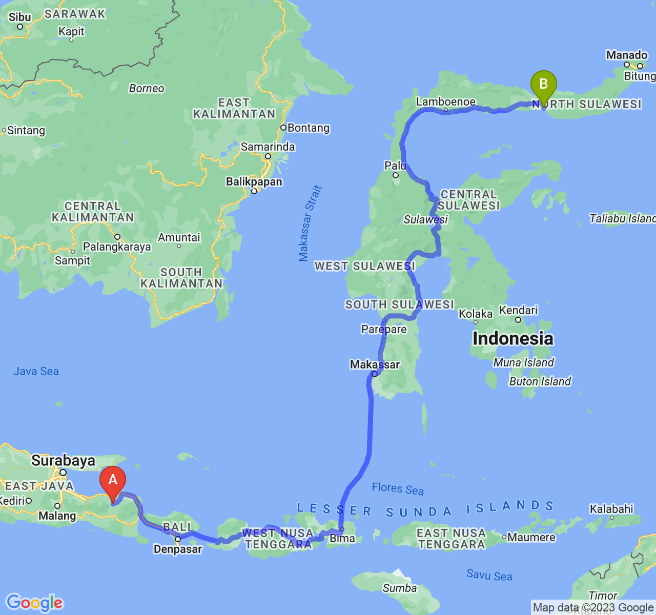 rute perjalanan Kab. Bondowoso-Kota Gorontalo