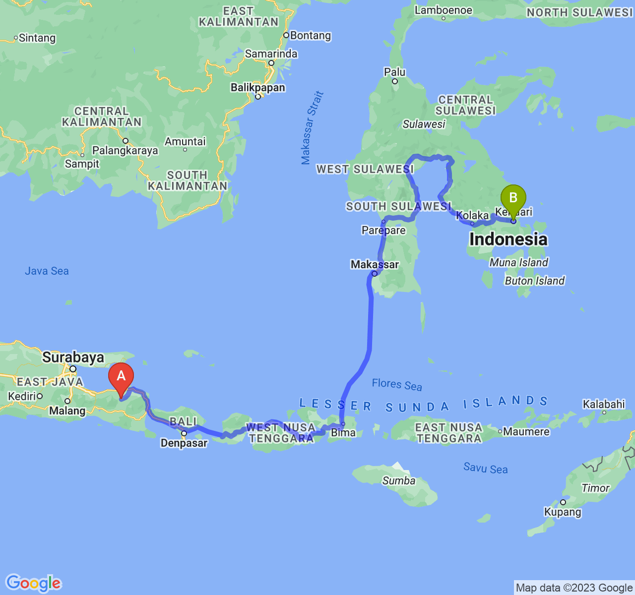 rute perjalanan Kab. Bondowoso-Kota Kendari