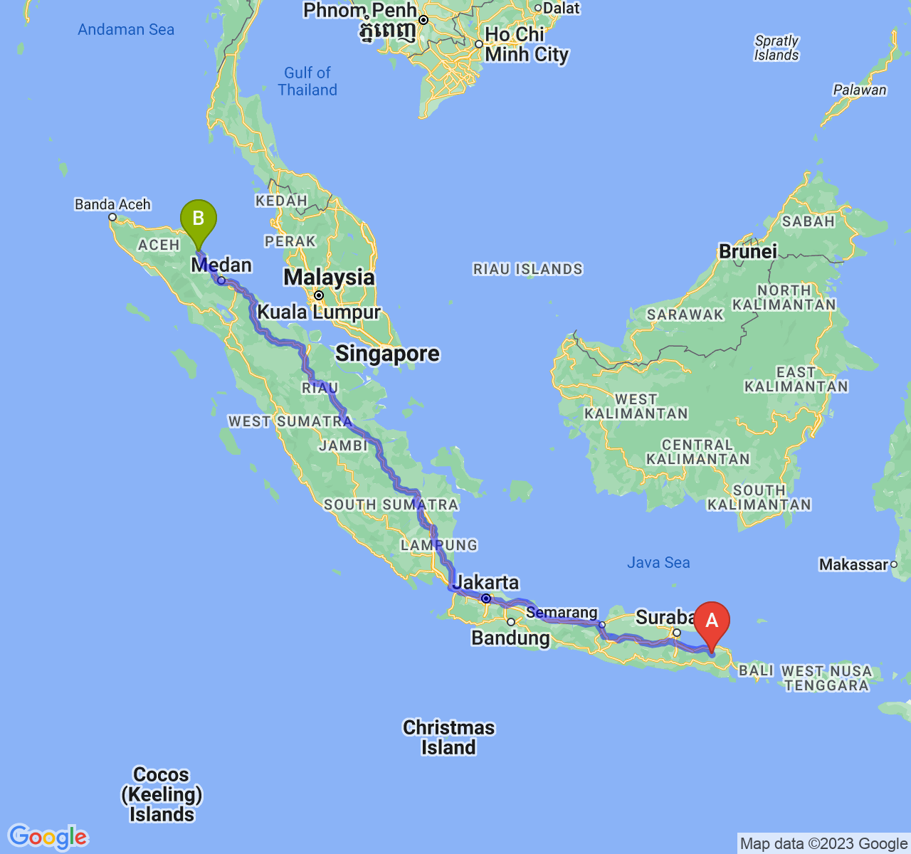 rute perjalanan Kab. Bondowoso-Kota Langsa