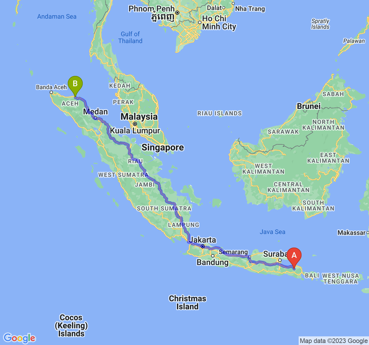 rute perjalanan Kab. Bondowoso-Kota Lhokseumawe