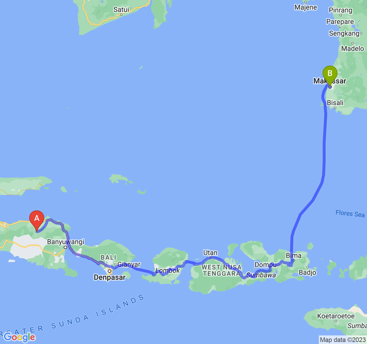 rute perjalanan Kab. Bondowoso-Kota Makassar