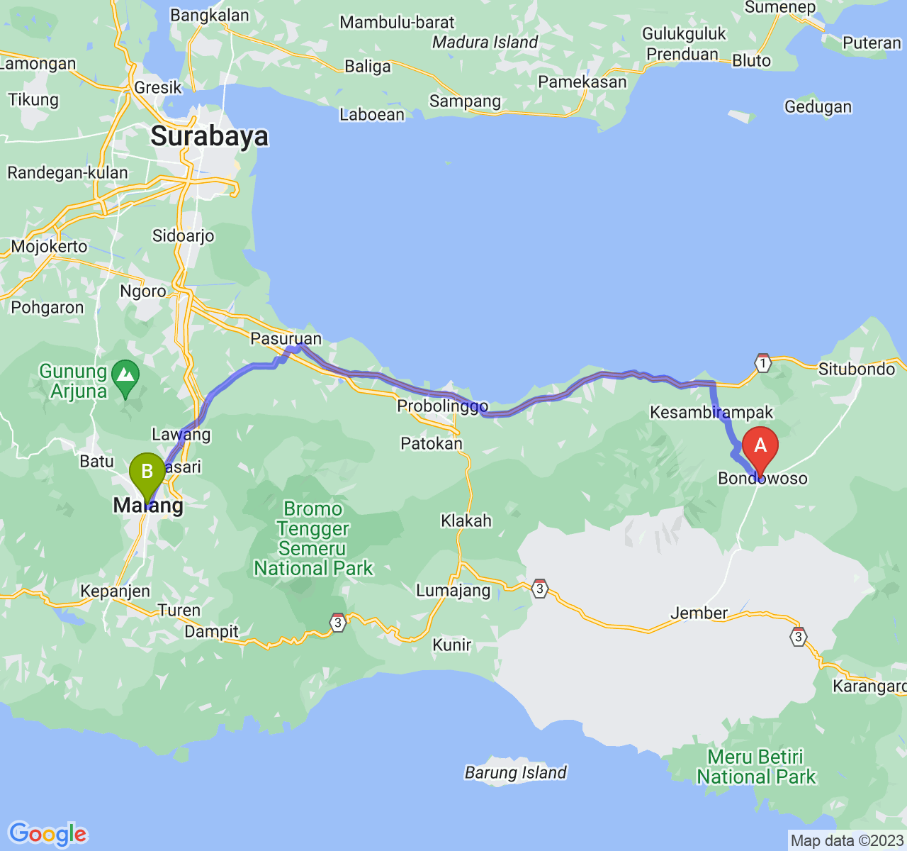 rute perjalanan Kab. Bondowoso-Kota Malang