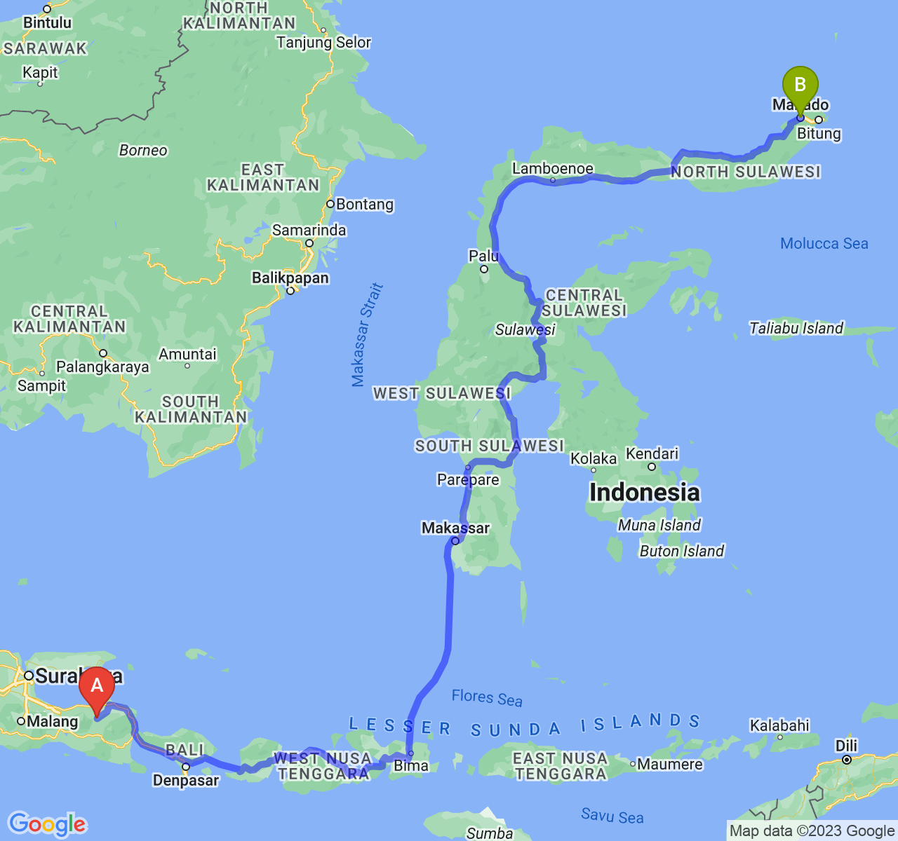 rute perjalanan Kab. Bondowoso-Kota Manado