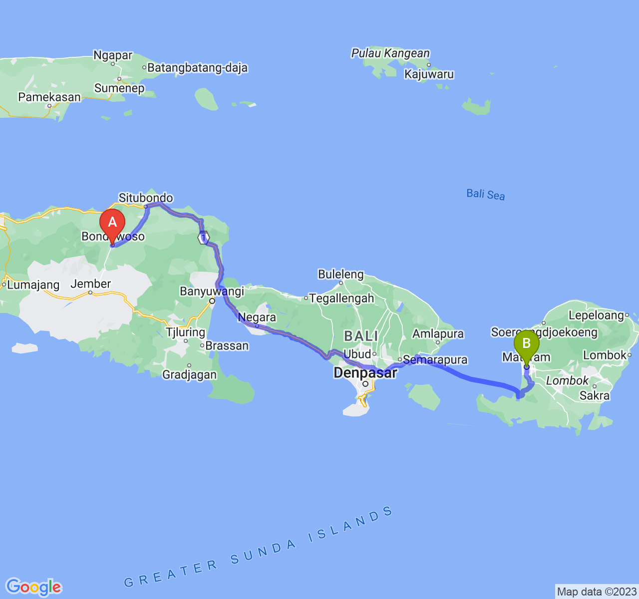 rute perjalanan Kab. Bondowoso-Kota Mataram