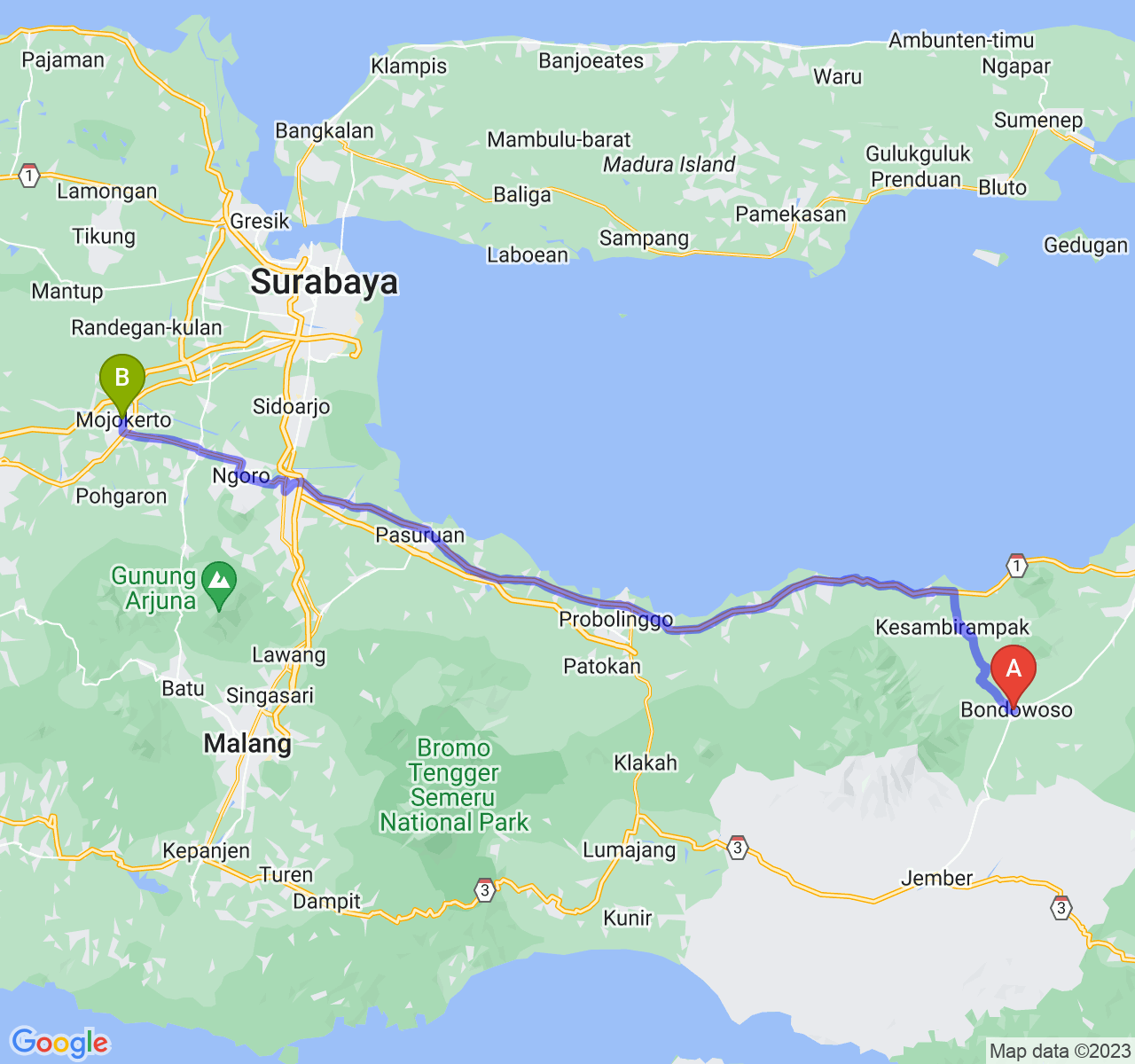 rute perjalanan Kab. Bondowoso-Kota Mojokerto