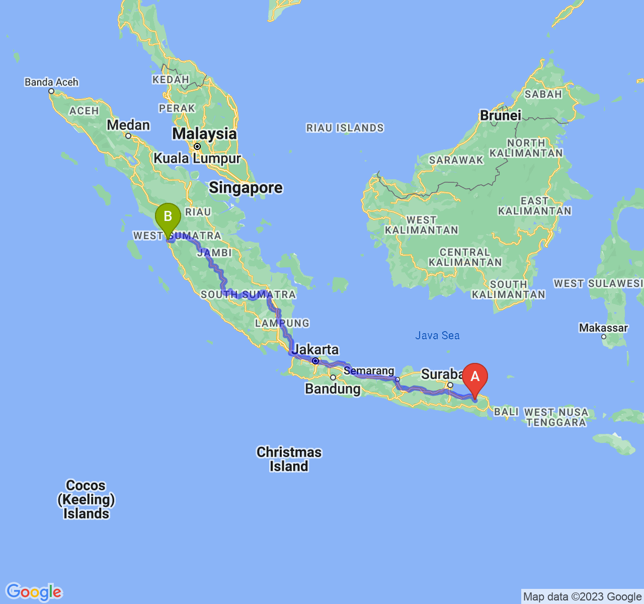 rute perjalanan Kab. Bondowoso-Kota Padang