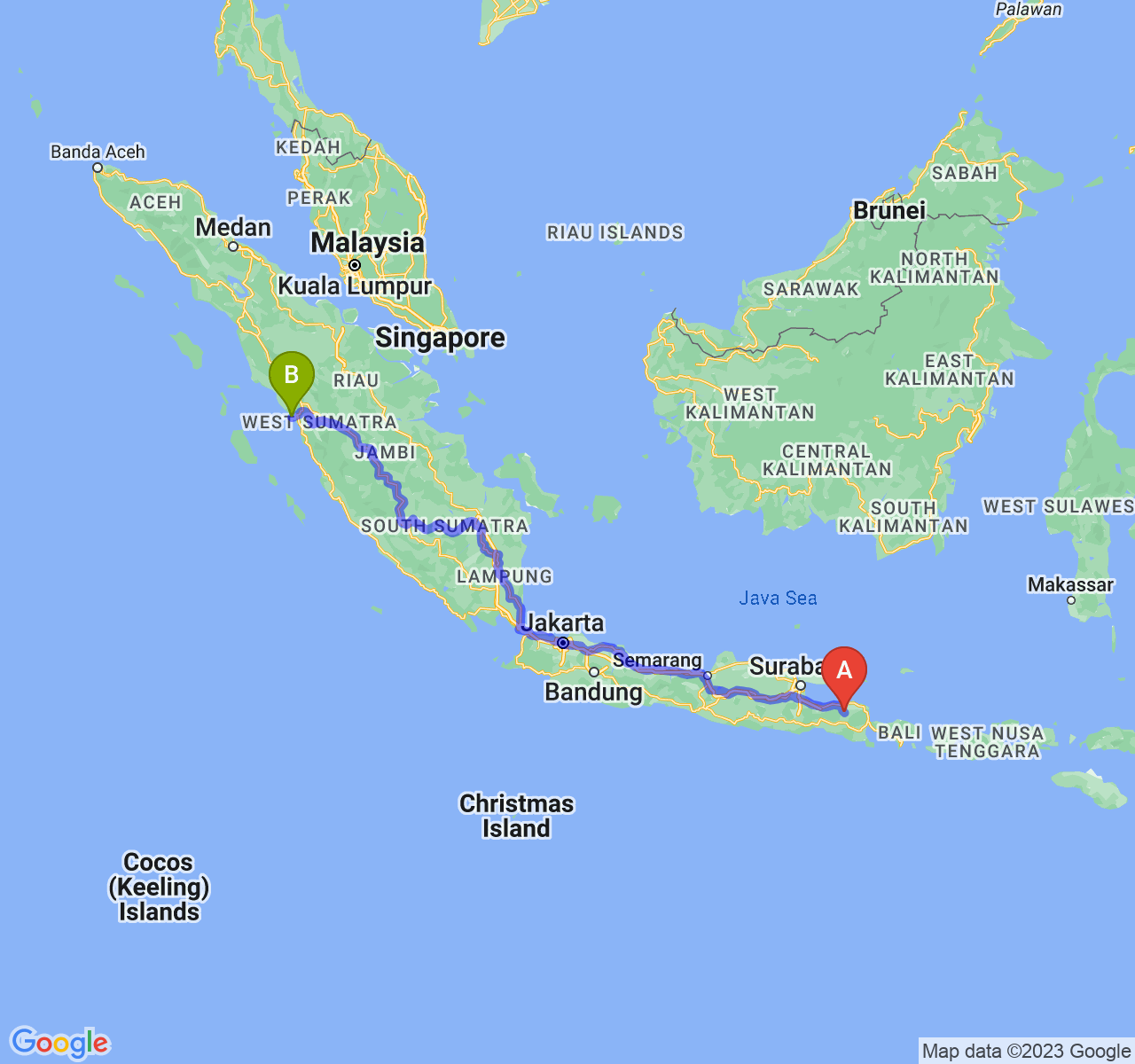 rute perjalanan Kab. Bondowoso-Kota Pariaman