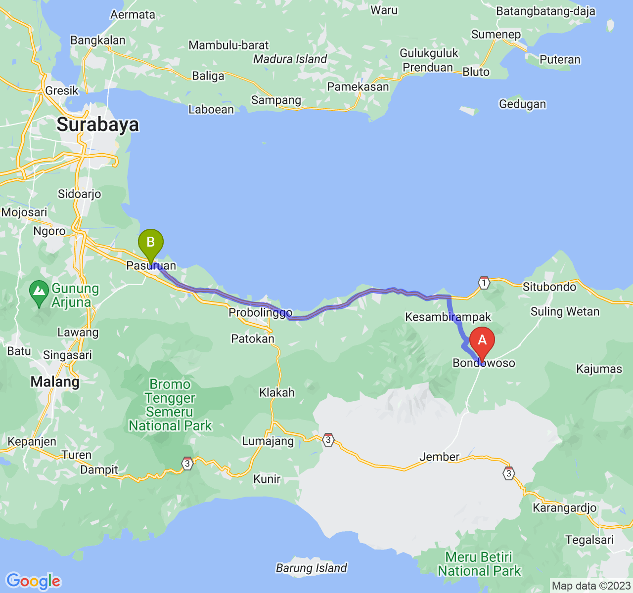 rute perjalanan Kab. Bondowoso-Kota Pasuruan