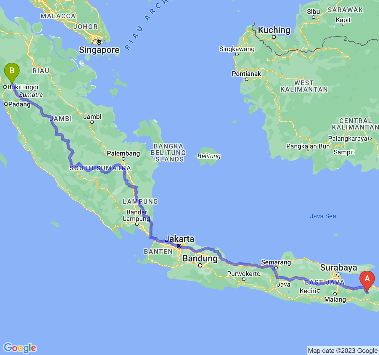 rute perjalanan Kab. Bondowoso-Kota Payakumbuh