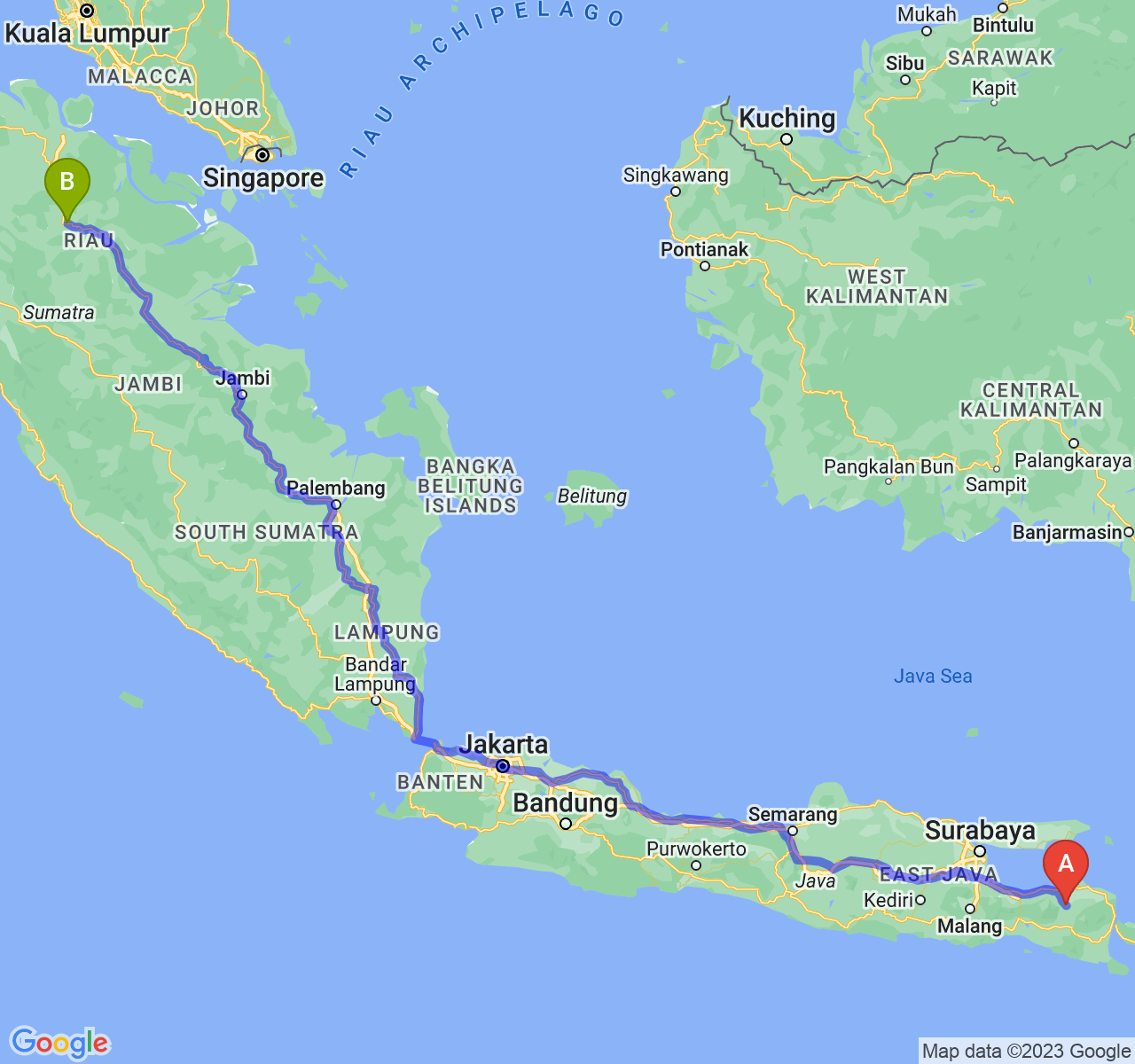 rute perjalanan Kab. Bondowoso-Kota Pekanbaru