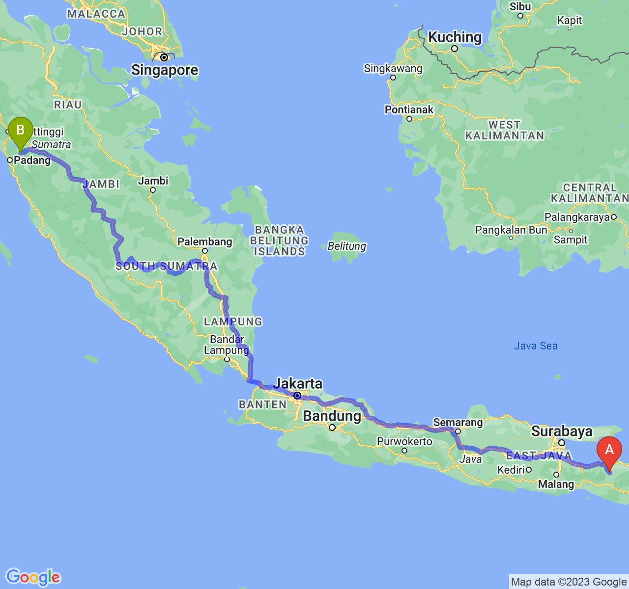 rute perjalanan Kab. Bondowoso-Kota Solok