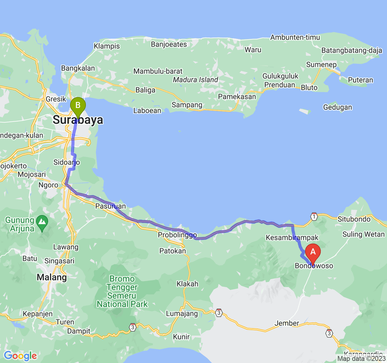 rute perjalanan Kab. Bondowoso-Kota Surabaya