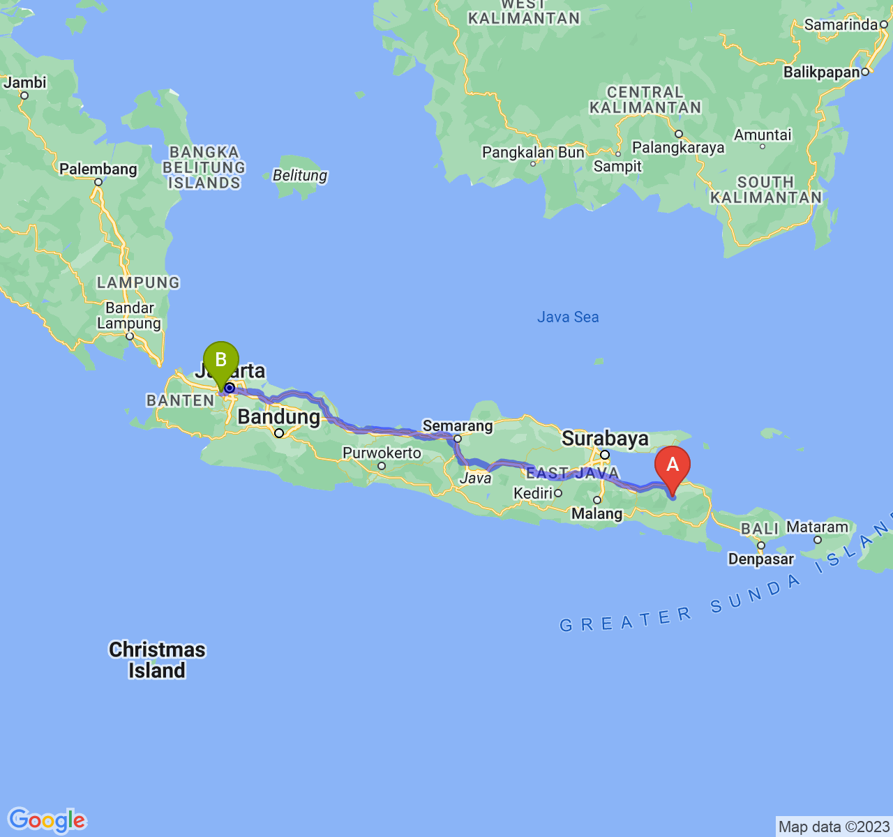 rute perjalanan Kab. Bondowoso-Kota Tangerang Selatan