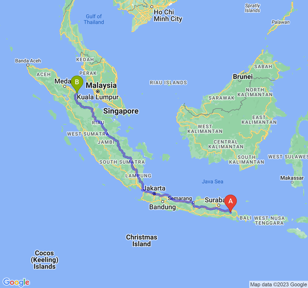 rute perjalanan Kab. Bondowoso-Kota Tanjung Balai