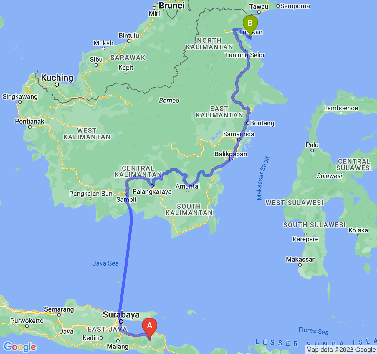 rute perjalanan Kab. Bondowoso-Kota Tarakan