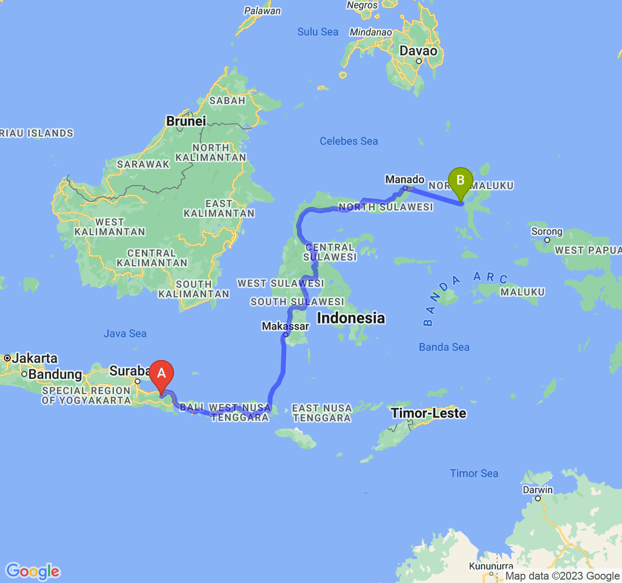 rute perjalanan Kab. Bondowoso-Kota Ternate