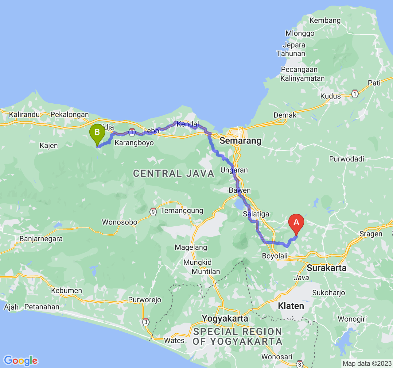 rute perjalanan Kab. Boyolali-Kab. Batang