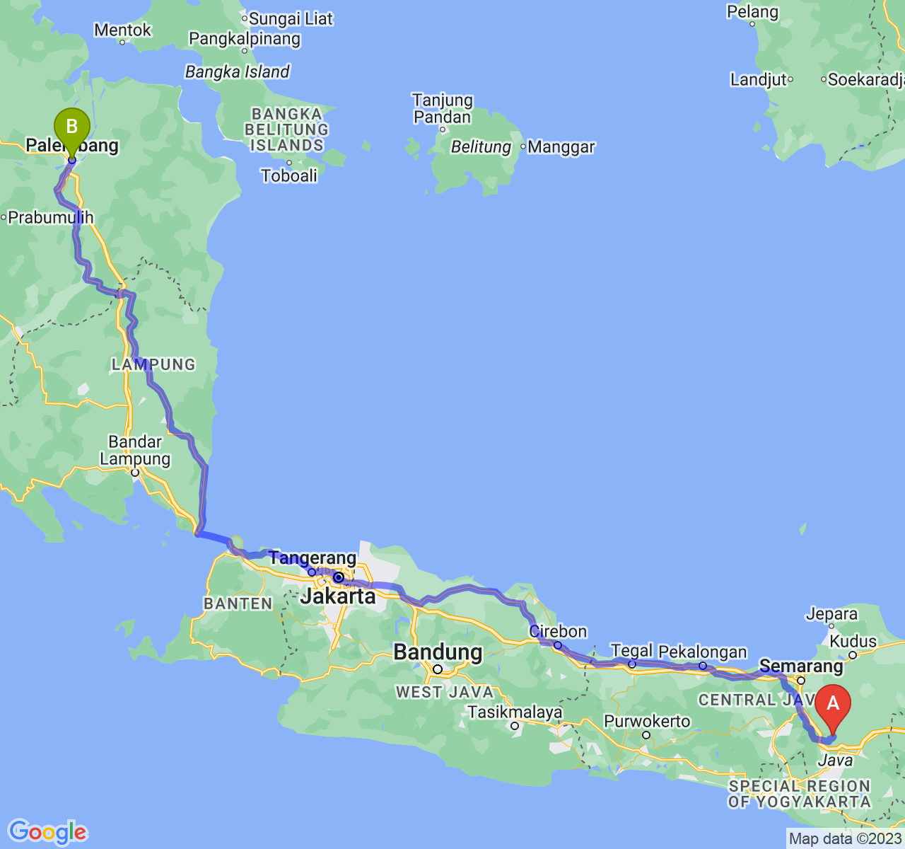 rute perjalanan Kab. Boyolali-Kota Palembang