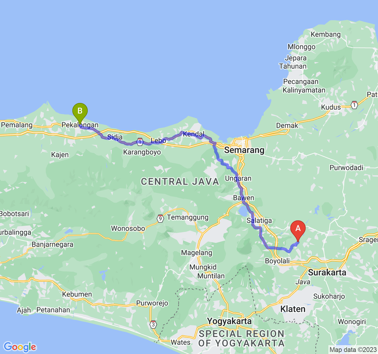 rute perjalanan Kab. Boyolali-Kota Pekalongan