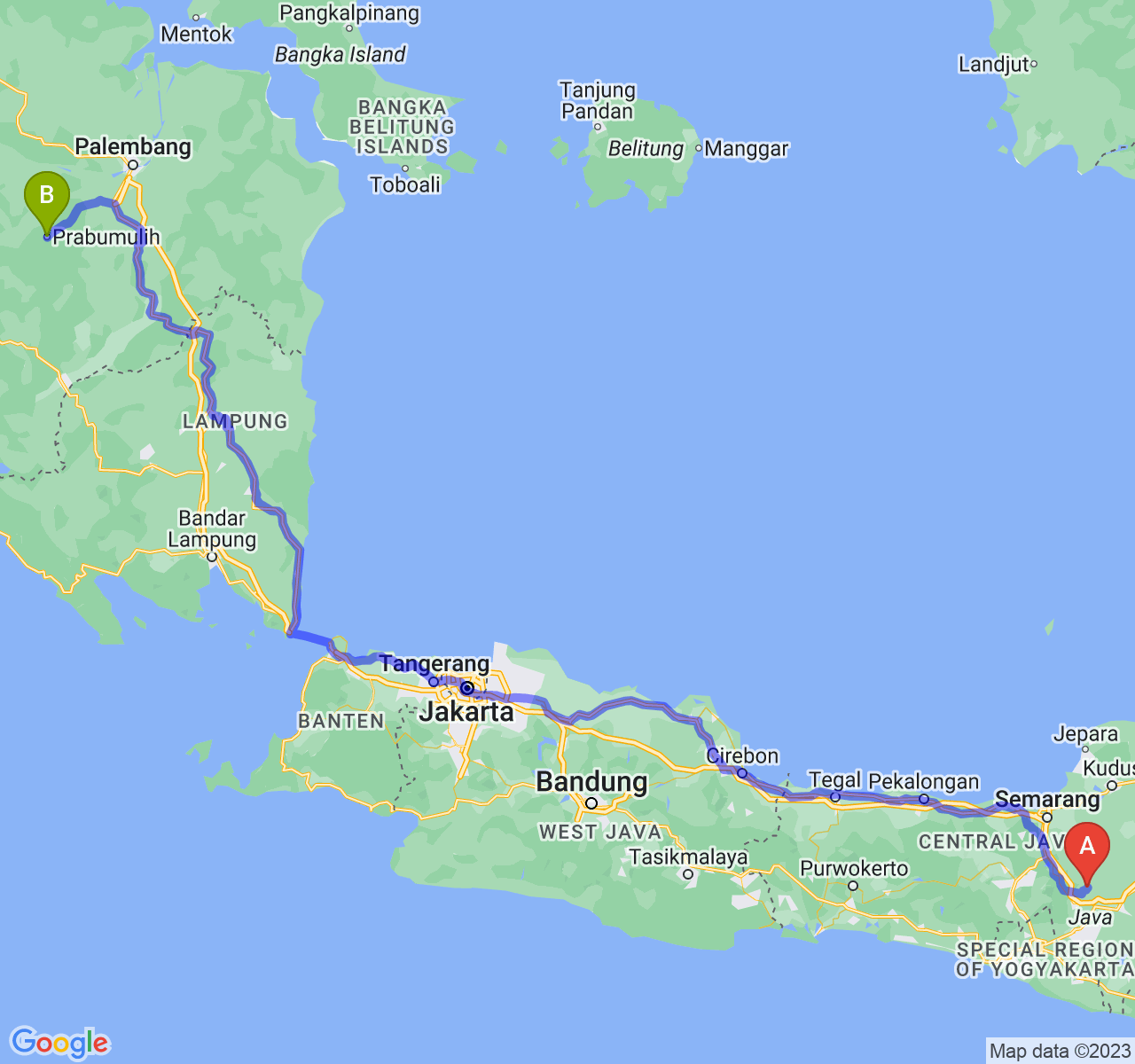 rute perjalanan Kab. Boyolali-Kota Prabumulih