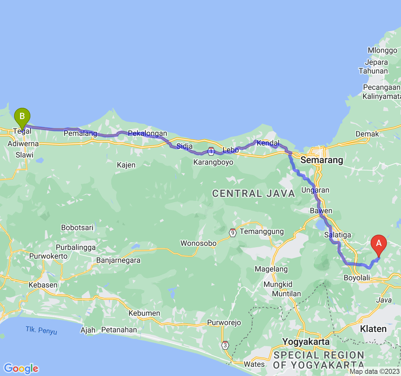 rute perjalanan Kab. Boyolali-Kota Tegal